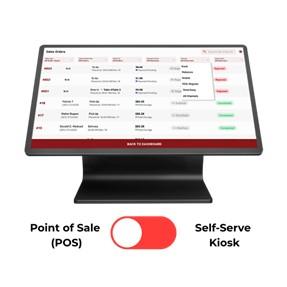 Applova touchscreen device in Point of Sale (POS) mode showing active dine-in orders with status updates. A toggle below indicates POS mode is active.