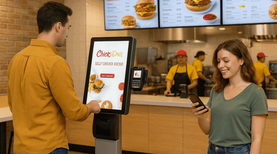 A man places an order using a self-serve kiosk at a fast food restaurant while a woman beside him smiles at her phone; restaurant staff are working in the background.