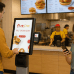 A man places an order using a self-serve kiosk at a fast food restaurant while a woman beside him smiles at her phone; restaurant staff are working in the background.