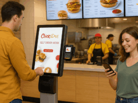 A man places an order using a self-serve kiosk at a fast food restaurant while a woman beside him smiles at her phone; restaurant staff are working in the background.