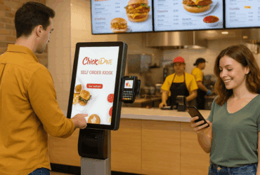A man places an order using a self-serve kiosk at a fast food restaurant while a woman beside him smiles at her phone; restaurant staff are working in the background.