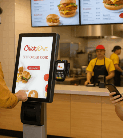 A man places an order using a self-serve kiosk at a fast food restaurant while a woman beside him smiles at her phone; restaurant staff are working in the background.