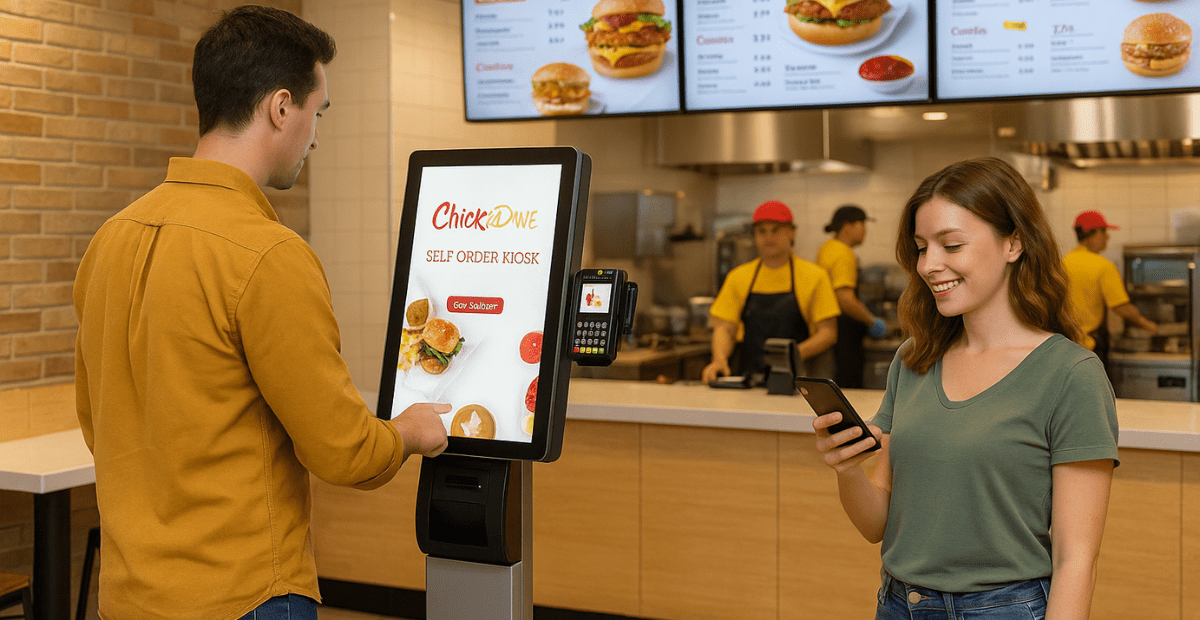 A man places an order using a self-serve kiosk at a fast food restaurant while a woman beside him smiles at her phone; restaurant staff are working in the background.