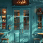 A cozy, teal-colored coffee shop exterior with hanging plants, outdoor seating, and warm lighting, giving a welcoming ambiance.