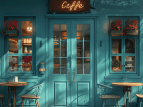 A cozy, teal-colored coffee shop exterior with hanging plants, outdoor seating, and warm lighting, giving a welcoming ambiance.