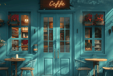 A cozy, teal-colored coffee shop exterior with hanging plants, outdoor seating, and warm lighting, giving a welcoming ambiance.