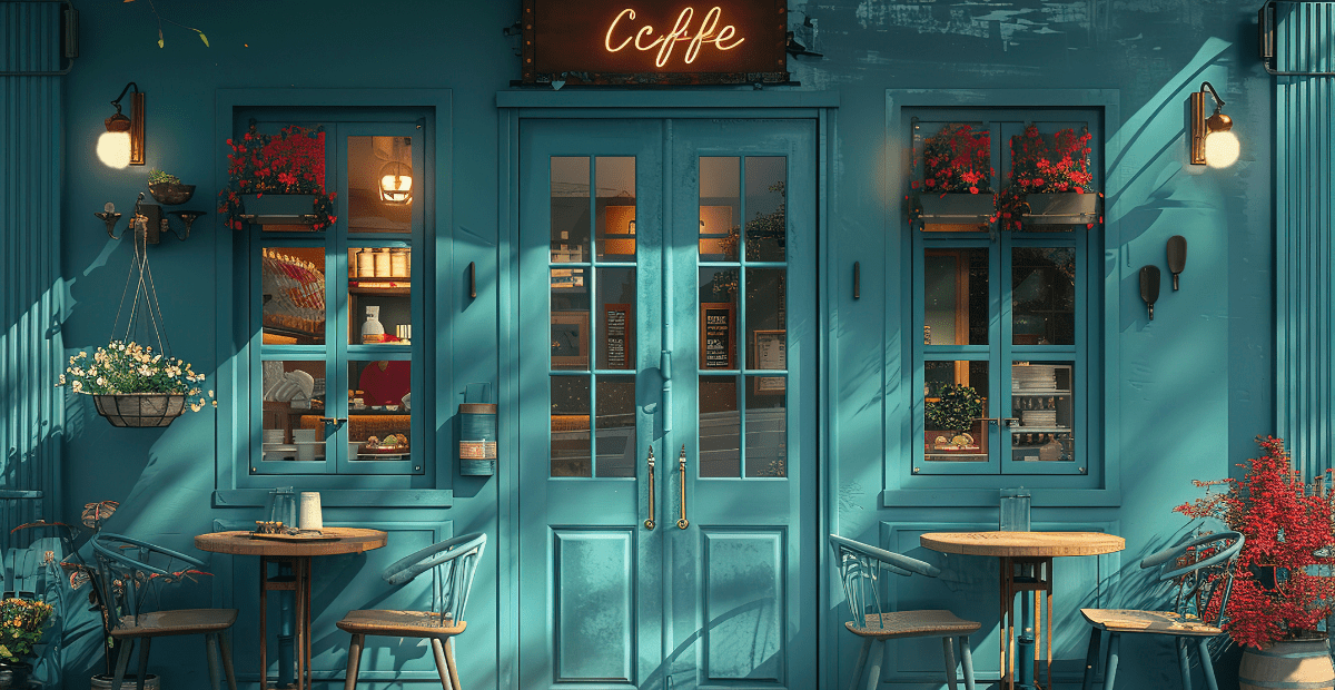 A cozy, teal-colored coffee shop exterior with hanging plants, outdoor seating, and warm lighting, giving a welcoming ambiance.