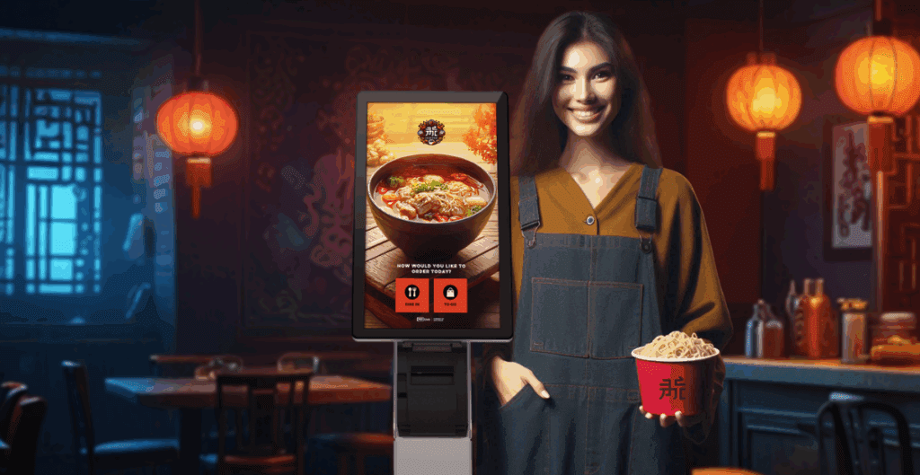 A smiling female employee stands next to a self-ordering kiosk in a warmly lit Asian restaurant, holding a bowl of noodles.