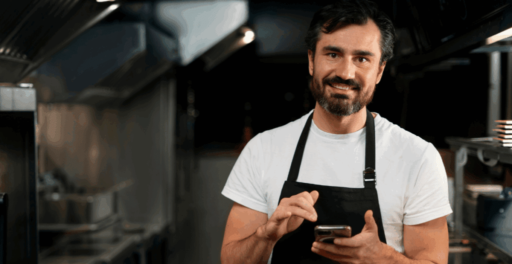 Smiling restaurant owner in a black apron using a smartphone inside a commercial kitchen.