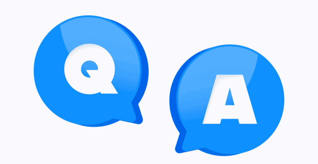 Blue speech bubbles with bold white letters “Q” and “A” representing question and answer.