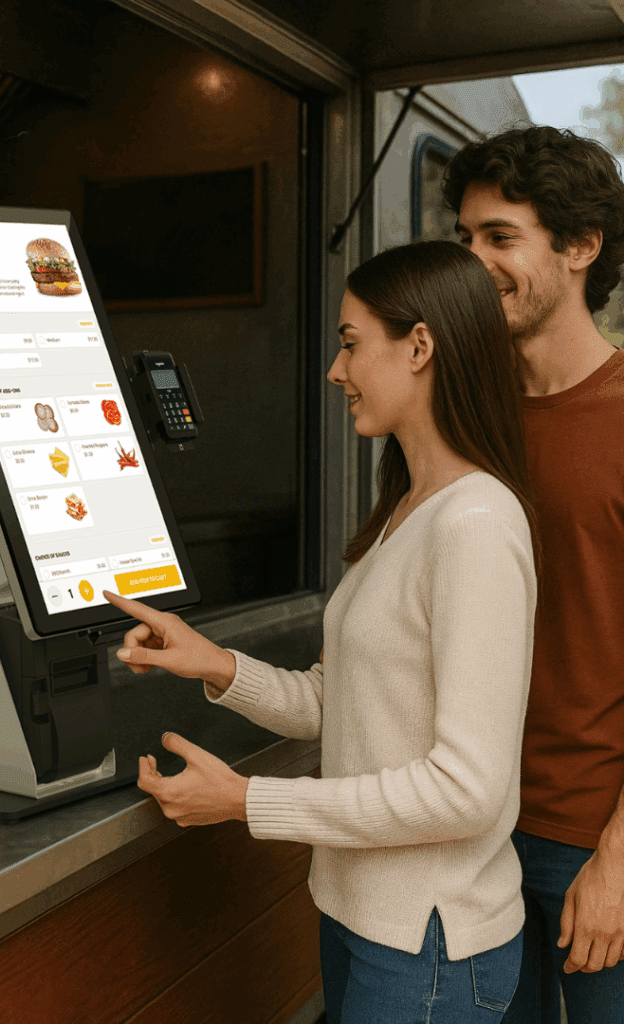 A woman placing an order using a self-serve kiosk at a food truck, with a man standing beside her and a digital menu on the screen.