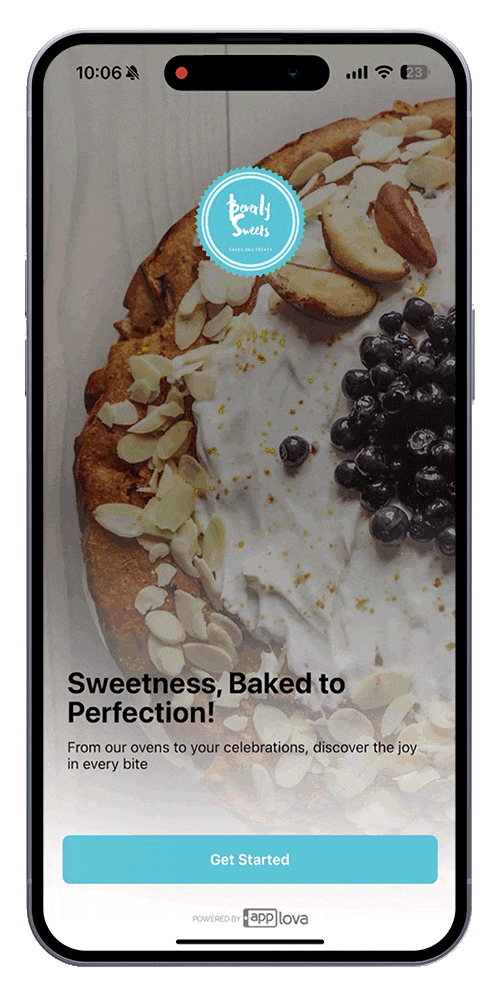 A smartphone screen displaying a branded bakery ordering app with the tagline "Sweetness, Baked to Perfection" and a “Get Started” button.
