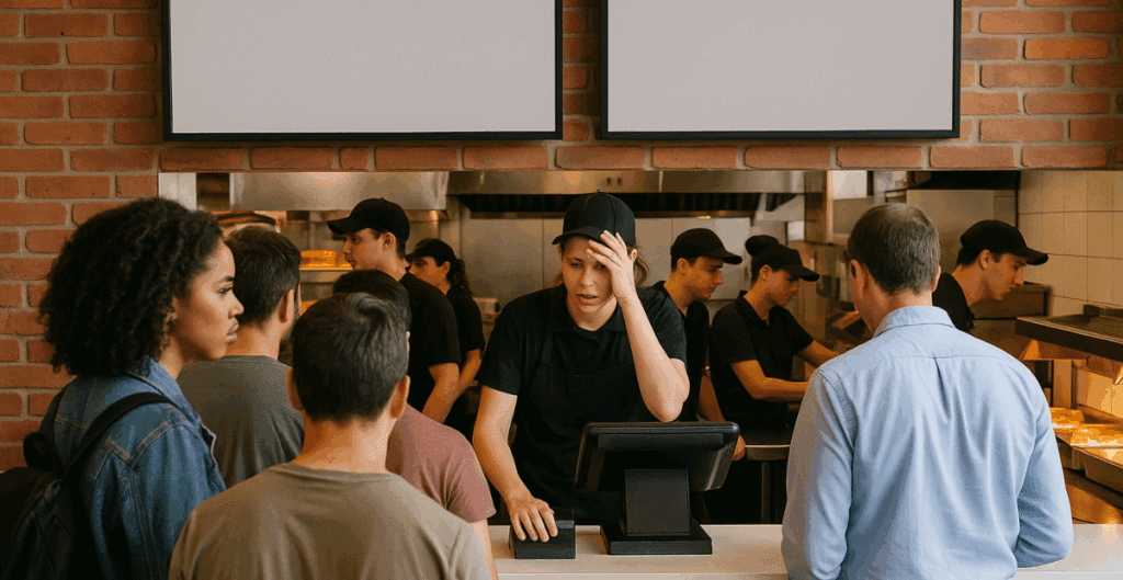Stressed cashier handling a busy rush at a fast-food restaurant counter