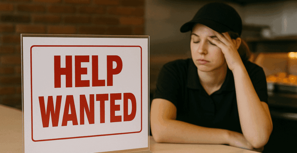 Restaurant worker looking stressed next to a Help Wanted sign