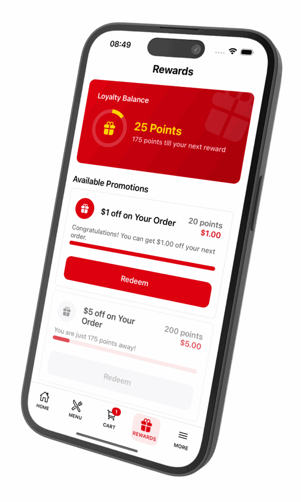 Smartphone displaying a restaurant loyalty rewards screen with points balance and available promotions for customer redemption.