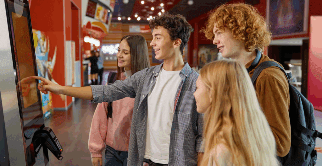 Group of teenagers using a self-service kiosk in a fast-food restaurant