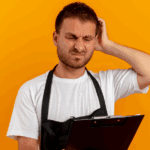 Restaurant staff member looking confused while reviewing operational checklist or inventory