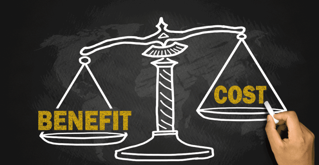 Hand-drawn scale comparing business benefits and costs on a blackboard background