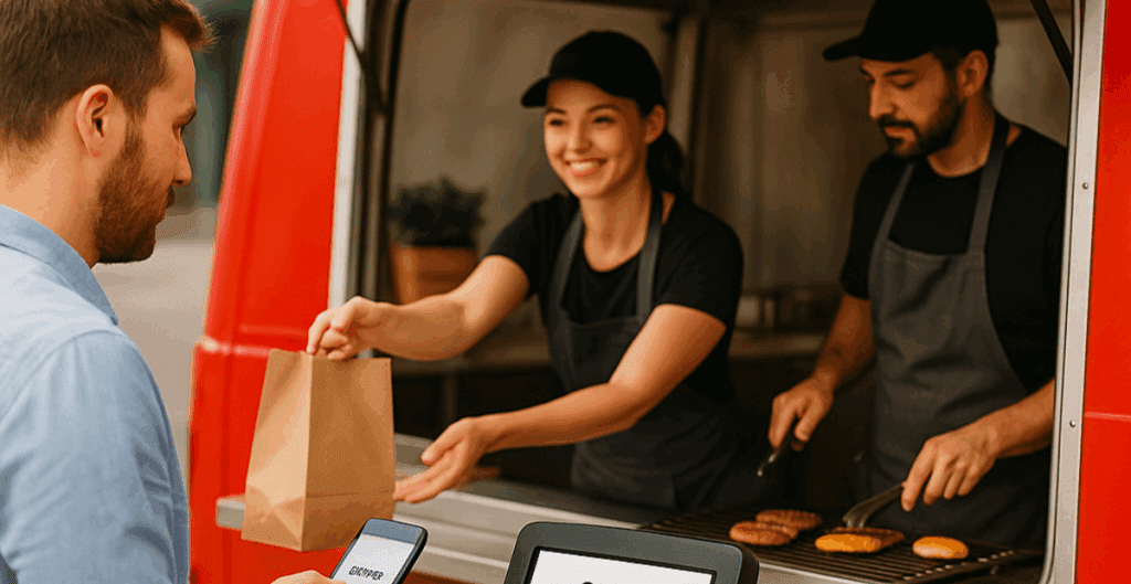 Customer picking up order from food truck using digital ordering system at pickup window