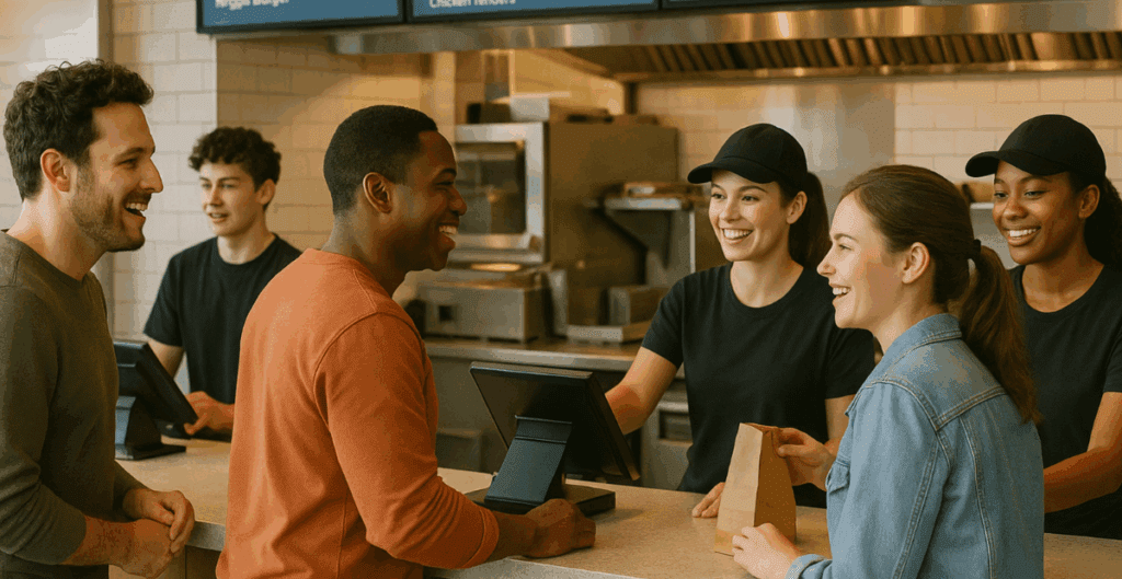 Happy customers ordering at a quick-service counter, engaging with staff and benefiting from restaurant loyalty programs.