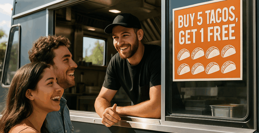 Happy customers at a taco truck window with a “Buy 5 Tacos, Get 1 Free” loyalty offer sign displayed.
